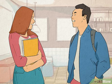 A girl holding a book and a guy wearing a backpack gaze at each other.